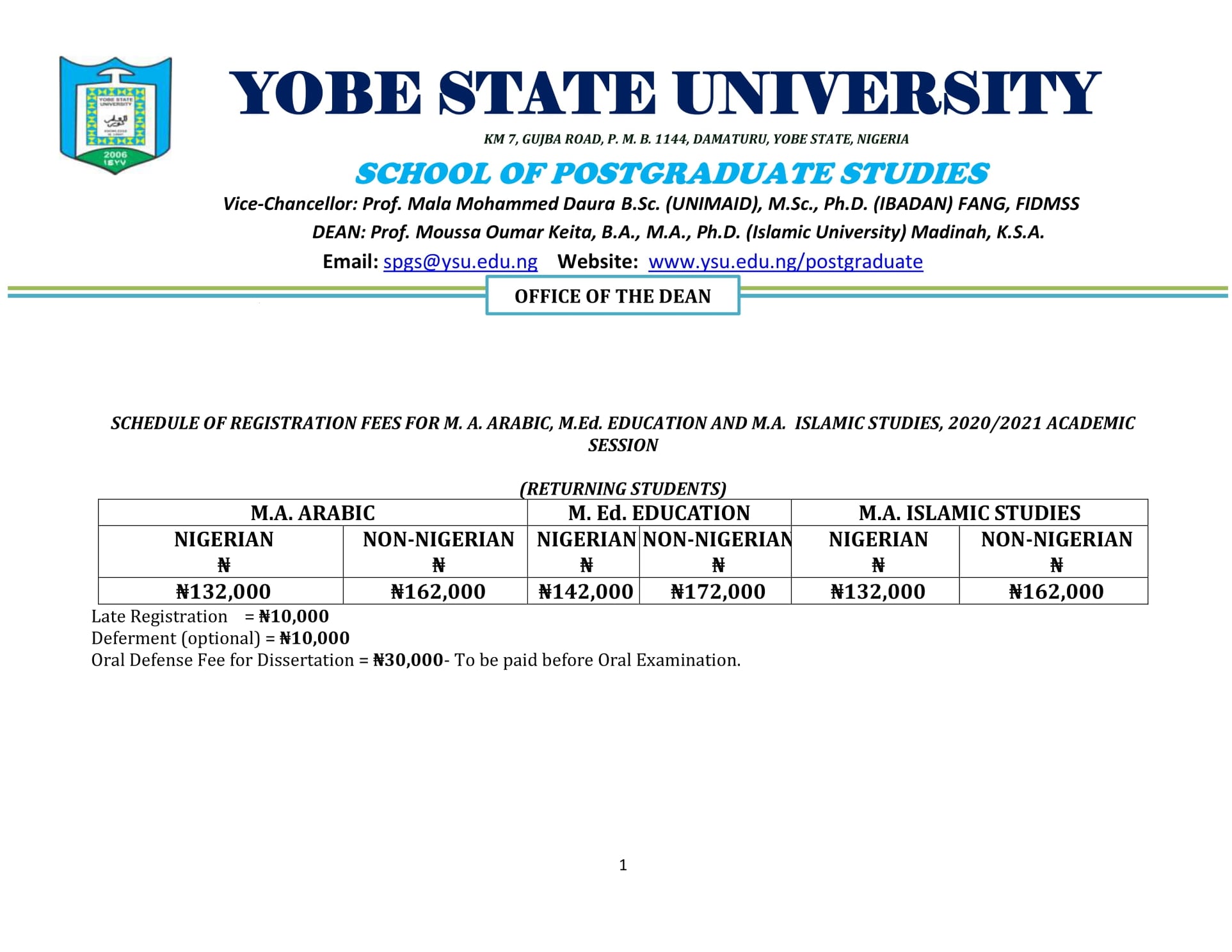YSU Postgraduate School Fees Schedule 2020/2021