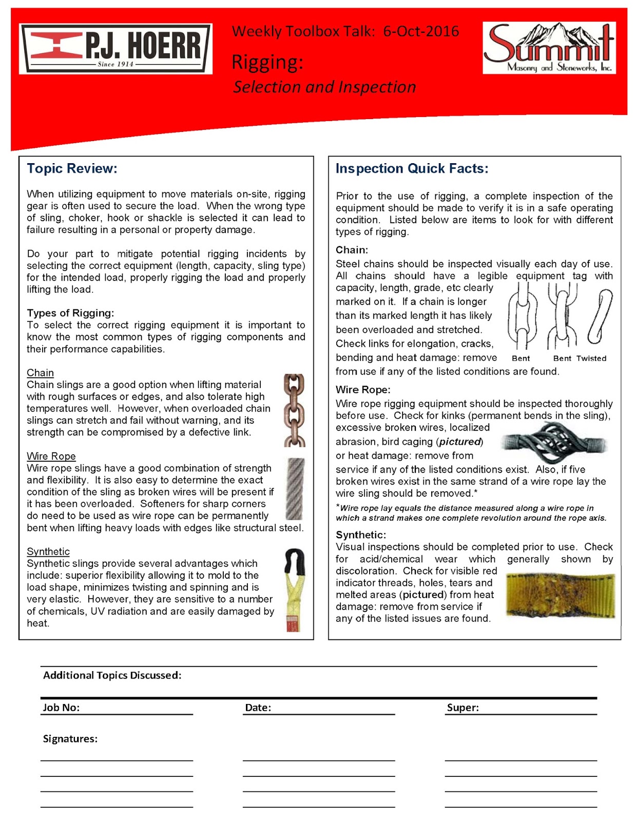 P.J. Hoerr, Inc. P.J. Hoerr & Summit Masonry Weekly Toolbox Talk