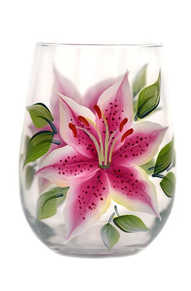 Awesome Pink Tiger Lily Hand Painted Wine Glasses