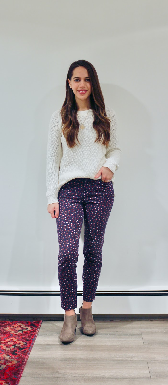 Jules in Flats - Patterned Pixie Ankle Pants with Knit Sweater and Ankle Boots (Business Casual Winter Workwear on a Budget)