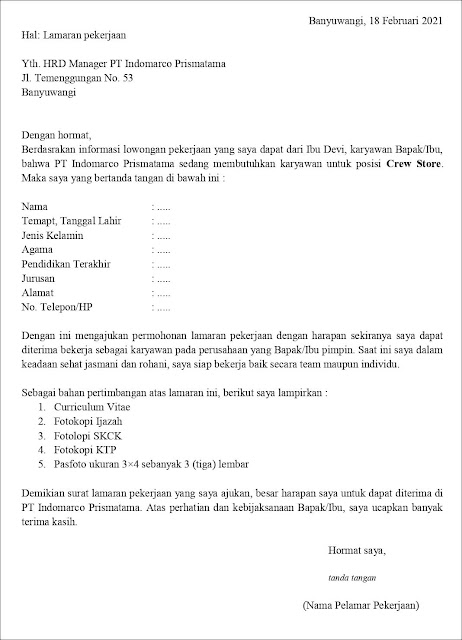 contoh surat lamaran kerja untuk crew store (fresh graduate) berdasarkan informasi dari seseorang (teman, keluarga, kenalan, dll) Contoh Surat Lamaran Kerja Untuk Crew Store (Fresh Graduate)