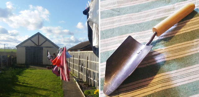 My garden with the washing on the line and a trowel my youngest made at school.