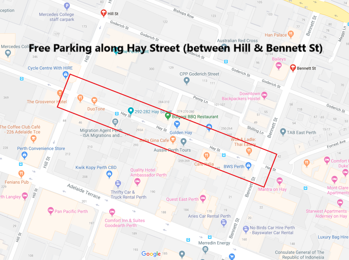 Perth Hacks best tips, hints and bargains Free Parking in Perth City only on one street