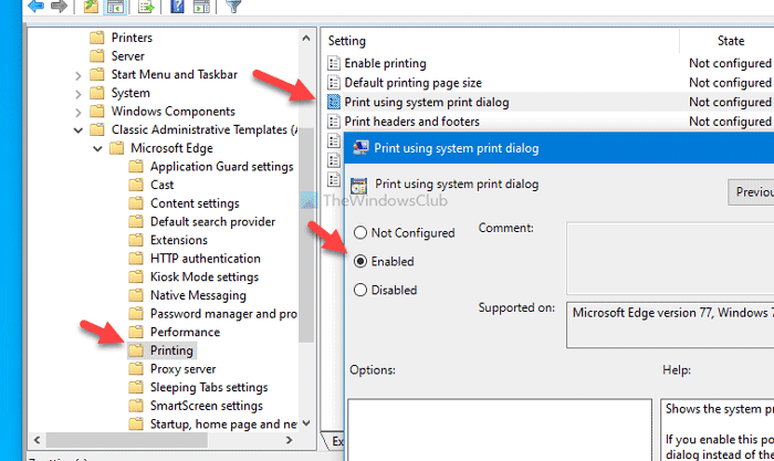 Edgeでシステム印刷ダイアログを有効または無効にする方法