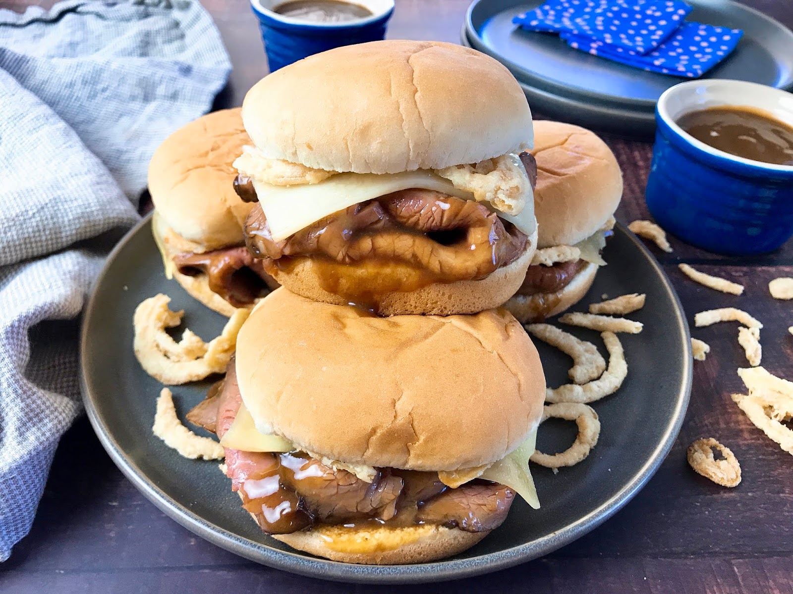 French Dip Sliders with Crispy Onions