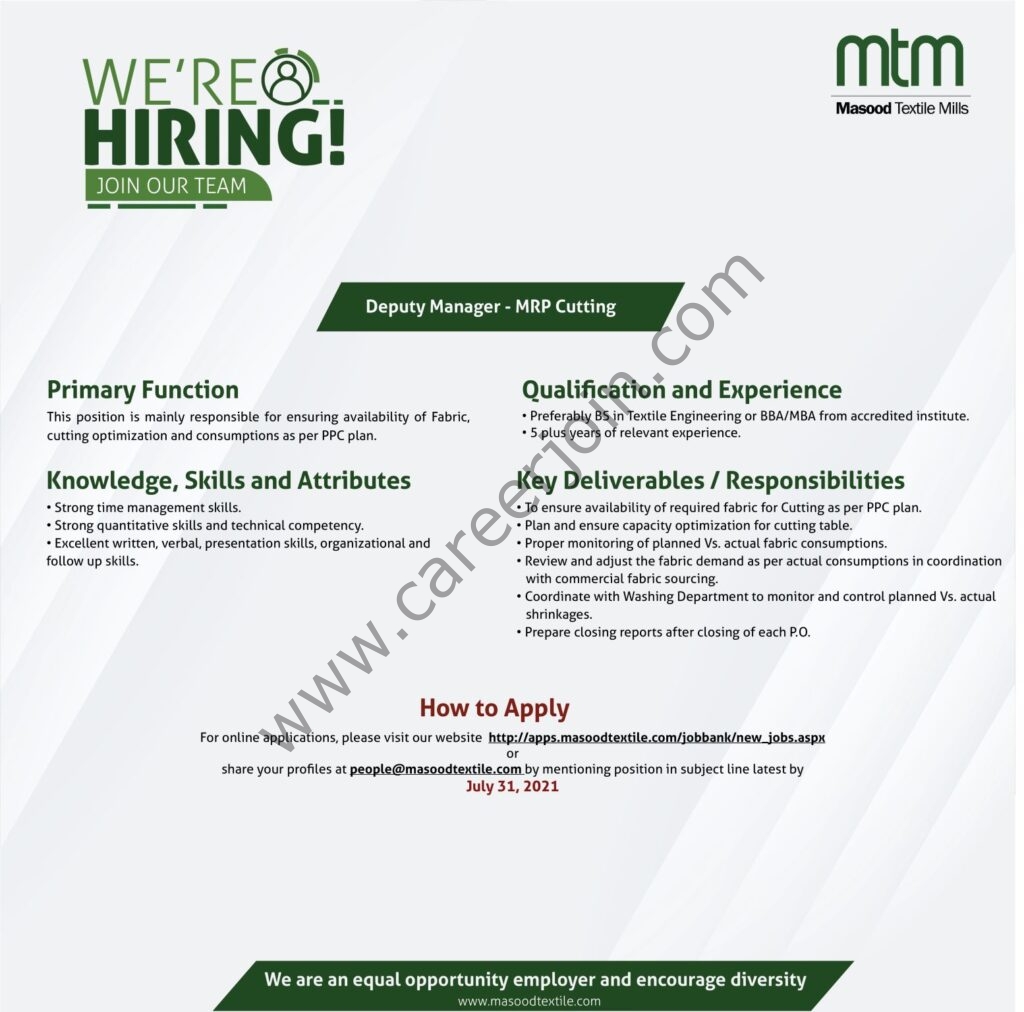 Jobs in Masood Textile Mills Ltd MTM