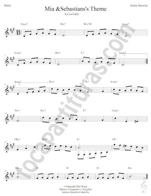  Mia and Sebastians's Theme de Justin Hurwitz Partitura con Acordes Easy Sheet Music with chords music scores