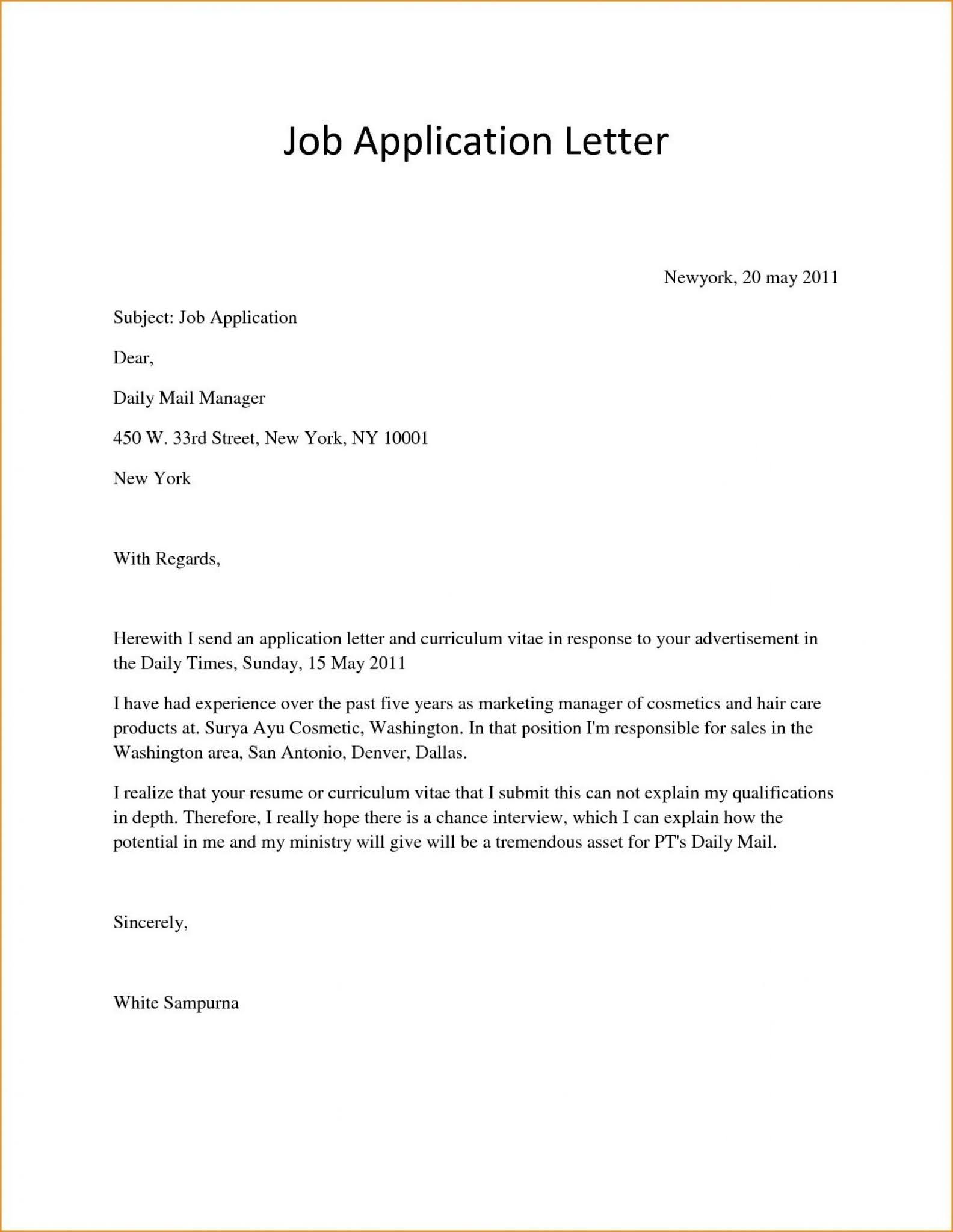 open application letter for any job