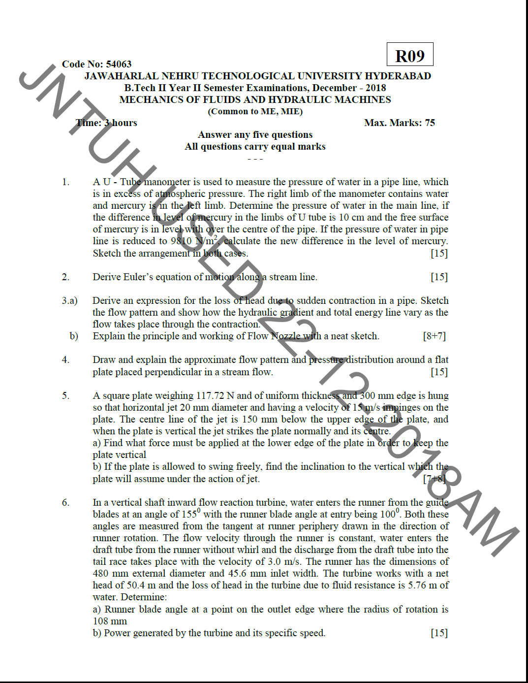 JNTUH B.Tech mechanics of fluids and hydraulic machines December 2018