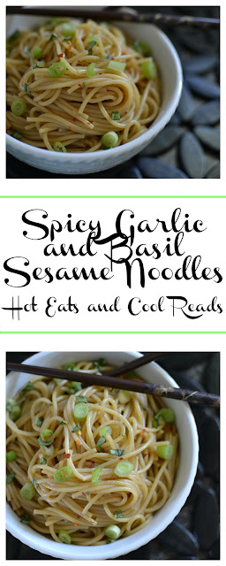 Simple and delicious Asian inspired side or meatless main dish! Perfect for busy weeknights! Spicy Garlic and Basil Sesame Noodles Recipe from Hot Eats and Cool Reads