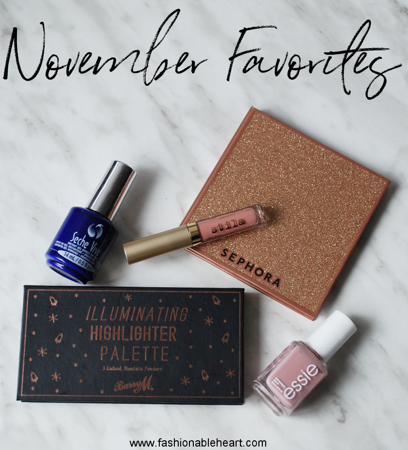 bbloggers, bbloggersca, canadian beauty bloggers, beauty blog, monthly favorites, barry m, illuminating highlighter palette, seche vive, top coat, gel, essie, lady like, ladylike, sephora collection, eyeshadow, winter magic palette, stila, stay all day, liquid lipstick, caramello