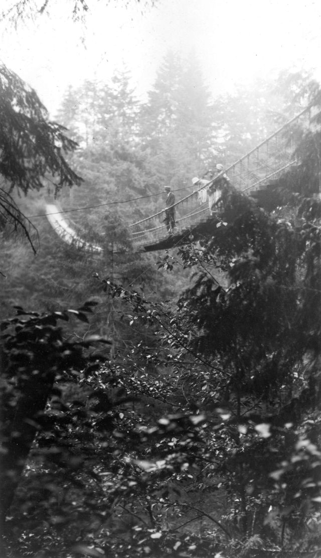 These vintage photographs capture people crossing the famous Capilano Suspension Bridge in Vancouver  1890 1910 - 48