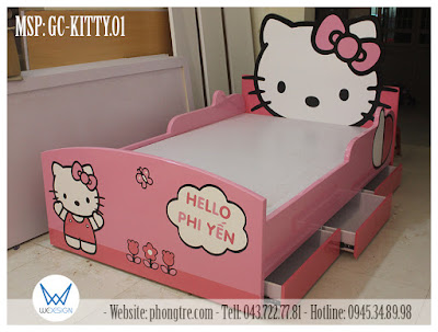 Giường ngủ Hello Kitty có thành chắn và 3 ngăn kéo GC-KITTY.01