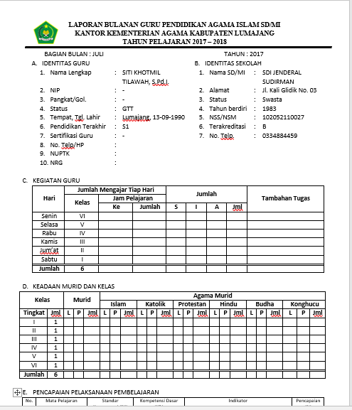 Sd Islam Jenderal Sudirman Form Laporan Bulanan Gpai Kabupaten Lumajang