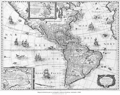 Mapa de América por el cartógrafo Jodocus Hondius, realizado c.1640 m. 5965 X 4528 px, p. 8 MB