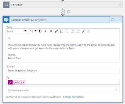 Send an email action - with message to adopt MS Teams early