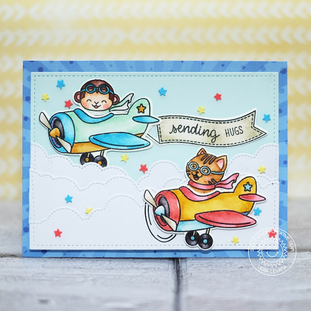 Sunny Studio Stamps: Plane Awesome Fluffy Clouds Border Dies Sending Hugs Card by Lexa Levana Sunny Studio Stamps: Plane Awesome Fluffy Clouds Border Dies Sending Hugs Card by Lexa Levana