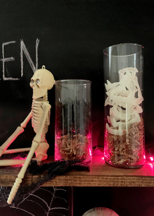 Halloween Shelf Decor - jars of Halloween curiosities - spiders, skills