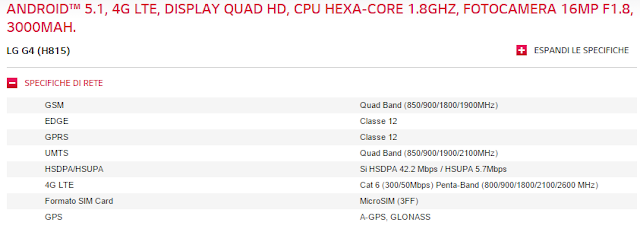 specifiche tecniche lg g4 con il tipo di sim supportato