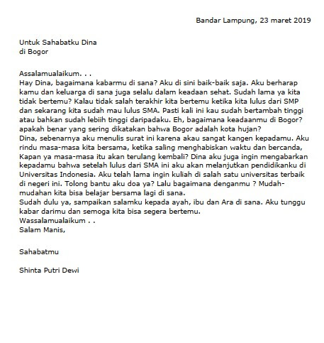 Contoh Surat Pribadi dari Brainly