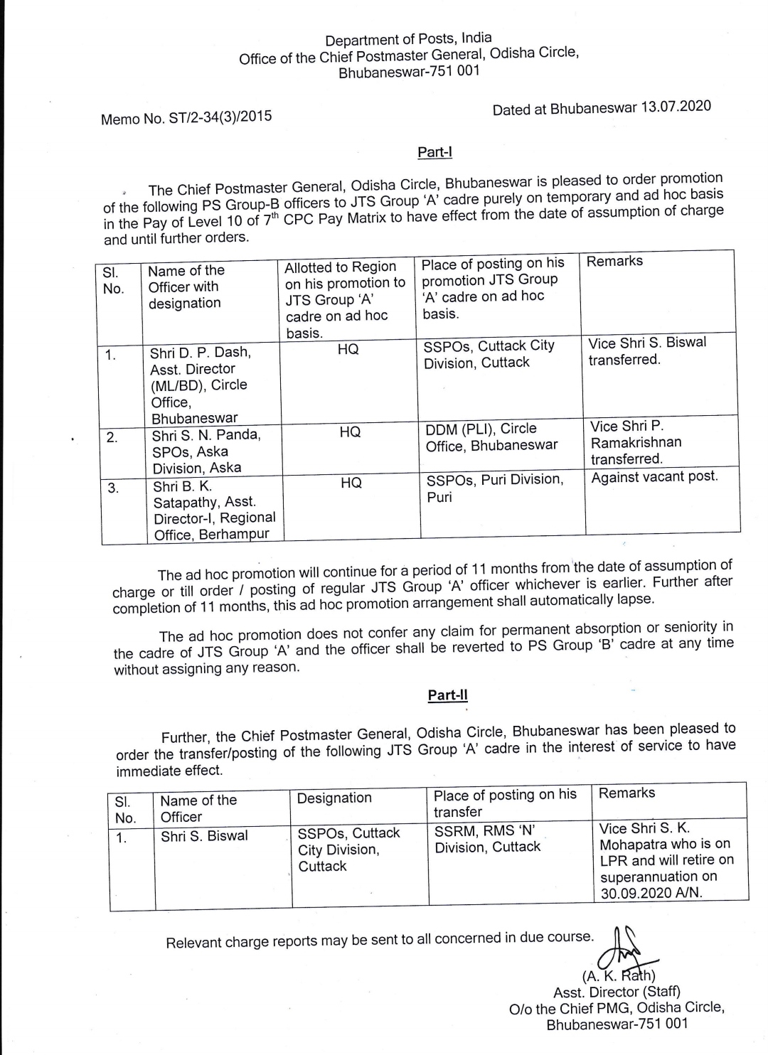 Promotion of PS Group 'B' officers to JTS Group 'A' Cadre in Odisha