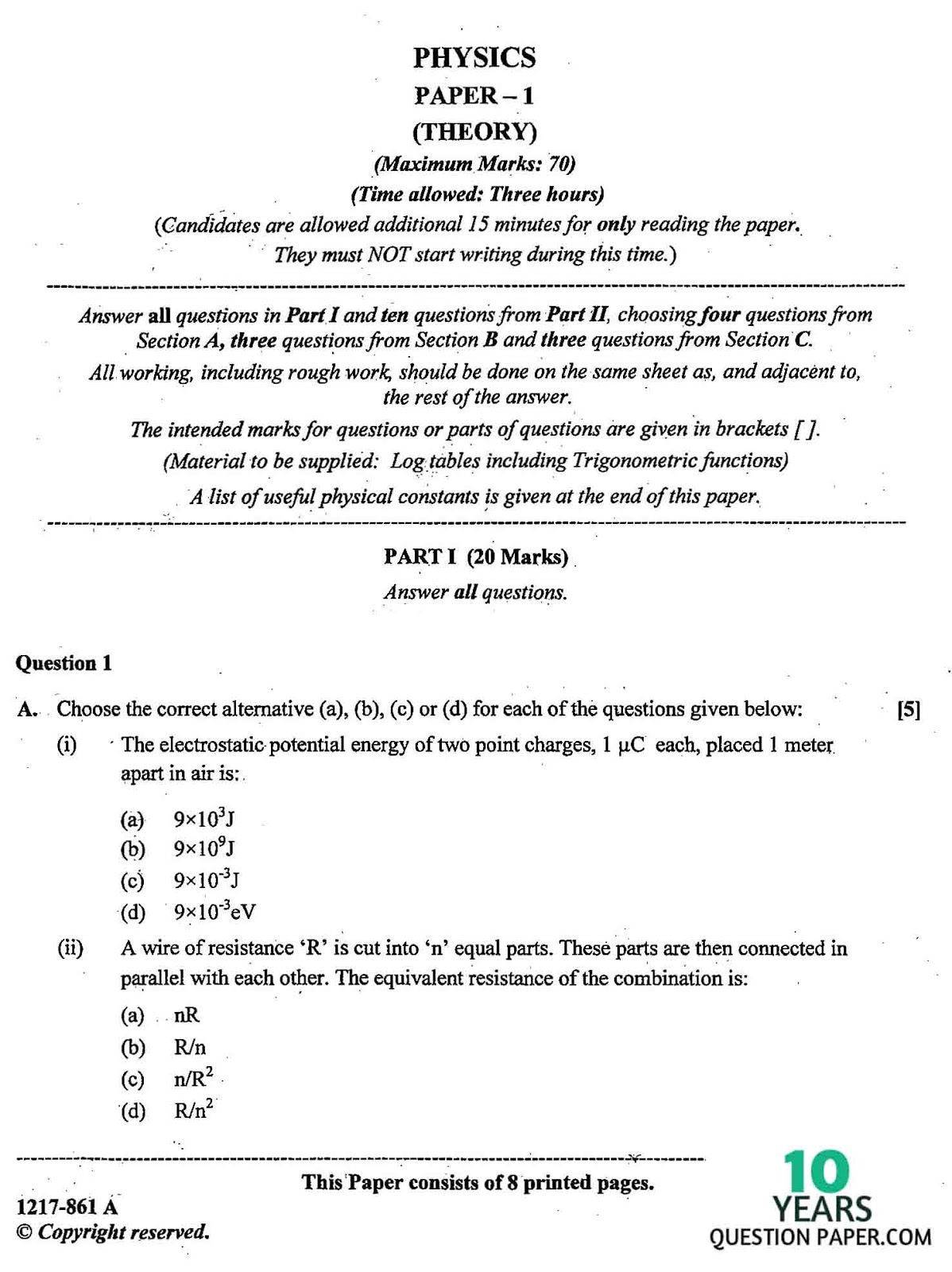 isc 2017 class 12th Physics theory paper 1 question paper isc 2017 class 12th Physics paper 1 question paper
