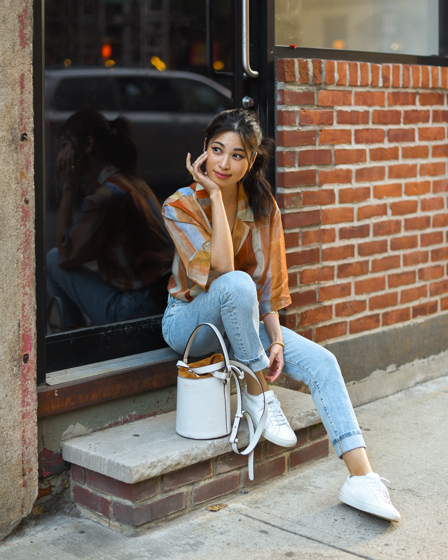 Aritzia Aries button up, gold tone jewelry, summer outfit ideas, rustic orange shirt, New York casual style - FOREVERVANNY.com