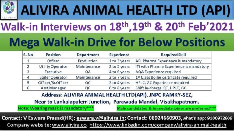 Alivira Animal Health Ltd - Walk-In Interviews for Production / QC / QA /  Maintenance on 19th & 20th Feb' 2021 - PHARMA WISDOM