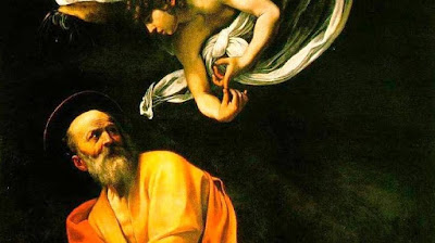 The Inspiration of St. Matthew, by Caravaggio, 1602.