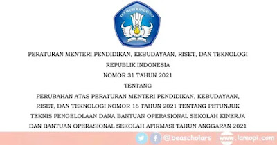 Perubahan Juknis BOS Kinerja dan Afirmasi Permendikbudristek No 31 Tahun 2021 Tentang Perubahan Juknis BOS Kinerja dan Afirmasi