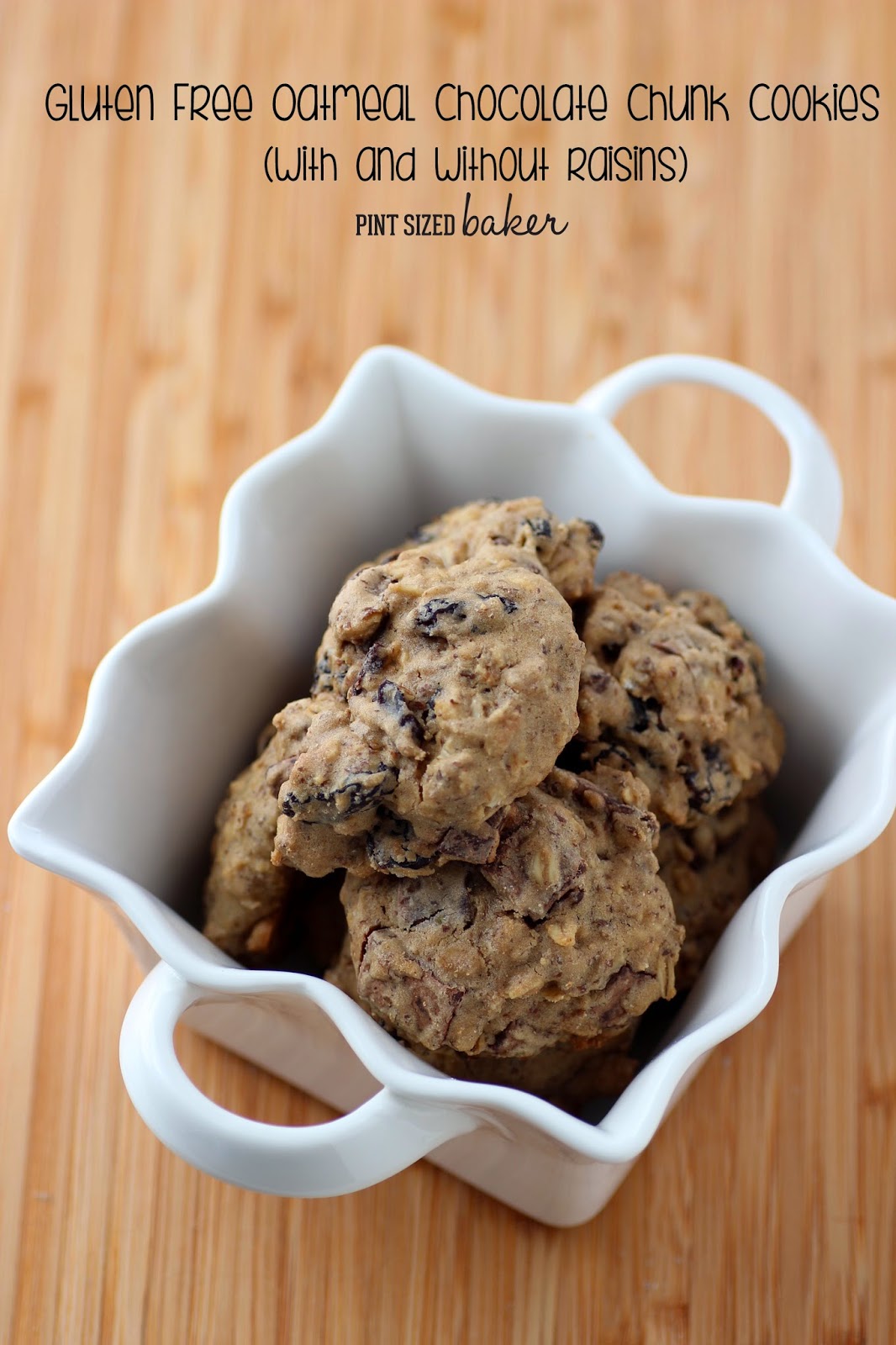 A great recipe for Gluten Free Oatmeal Chocolate Chunk Cookies. The raisins are totally optional, but I loved them!