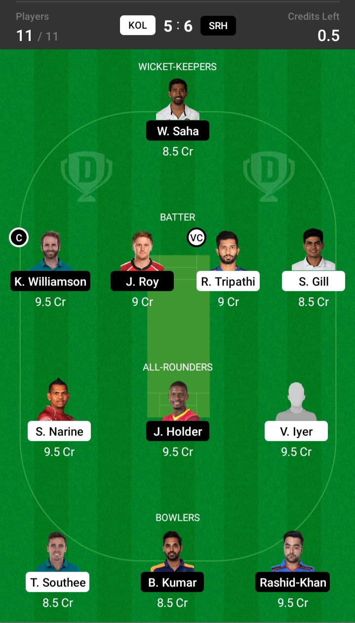srh vs kkr deram11 team , Team 2