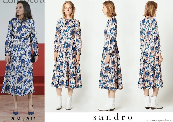 Queen Letizia wore Sandro all-over print long silk dress