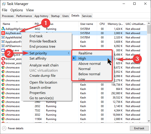 cambiar el nivel de prioridad del proceso en Windows 10