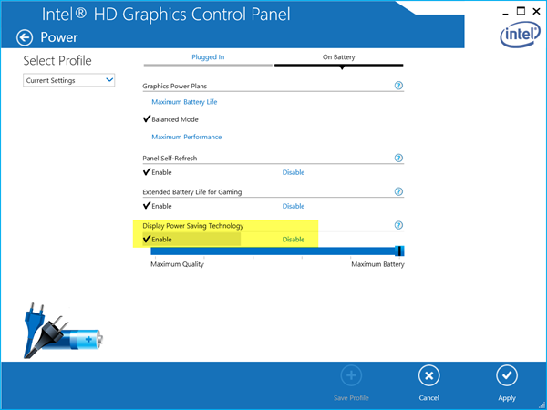 panneau de contrôle intel