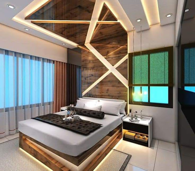 تصميم غرف نوم شباب بشكل خلفية سرير متصل بالاسقف
