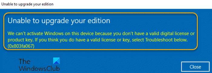 Error de activación de Windows 0x803fa067