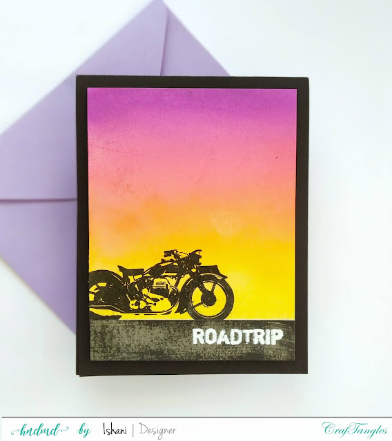 Card for men - Motorcycle card,  silhouette stamping ,Adventure theme card,Motor bike card, Motor cycle card, Craftangles Roadtrip stamp Quillish, Birthday card for men , bike stamp card,