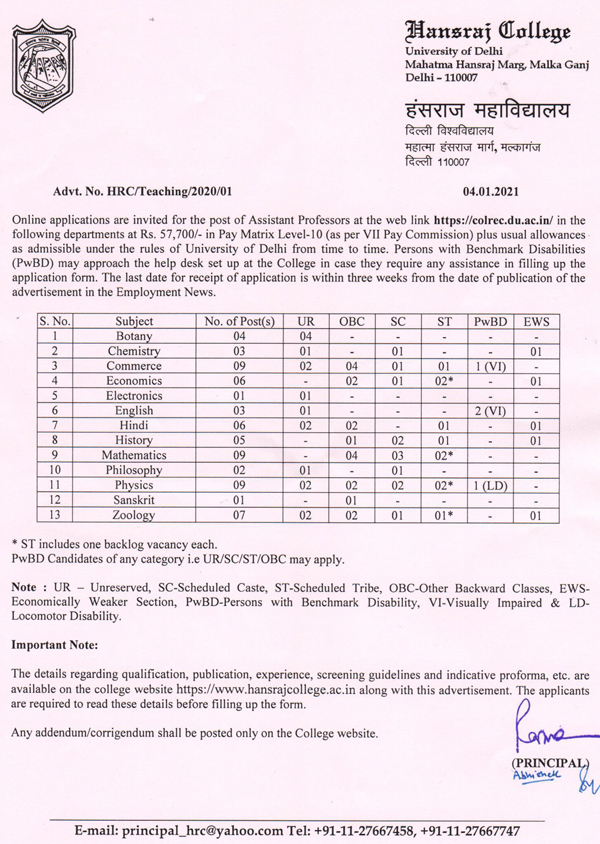 Hansraj College Botany/Zoology Faculty Jobs 2021