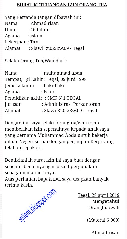 Contoh Surat Izin Orang Tua Untuk Kerja Di Luar Negeri