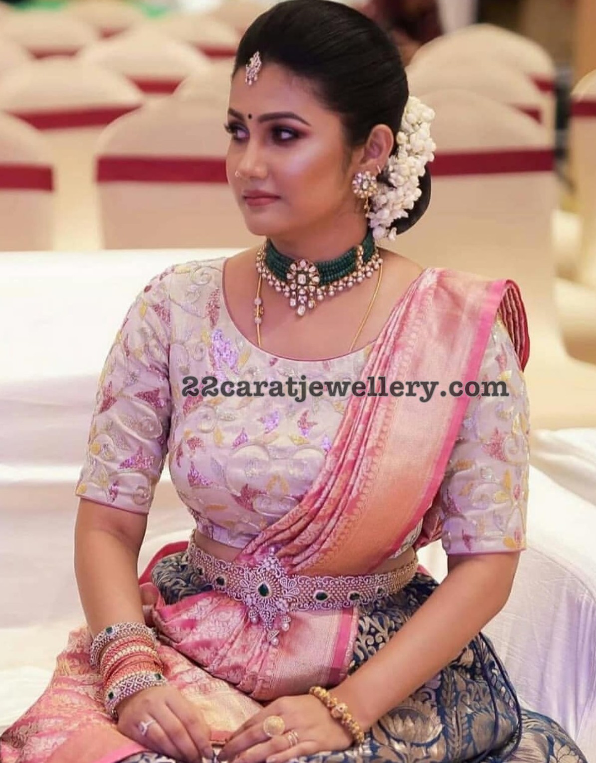 Bride in Emerald Choker Diamond Vaddanam Jewellery Designs