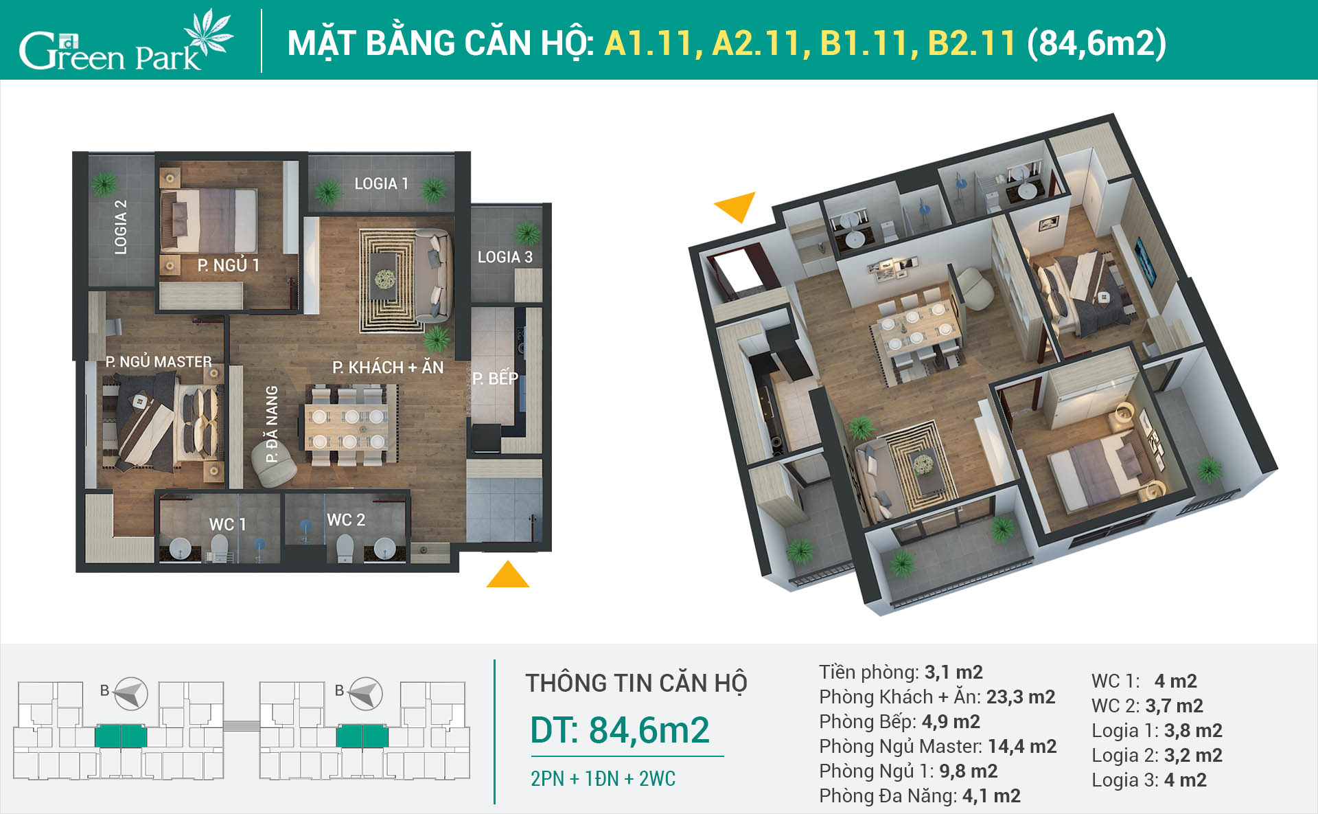 Thiết kế nội thất căn hộ số 11 (84.6m2) 2PN Phương Đông Green Park