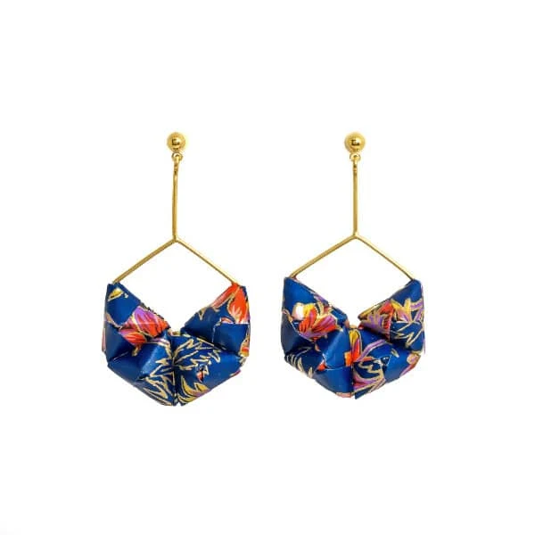 pair of blue patterned folded paper bead earrings on golden drop wires
