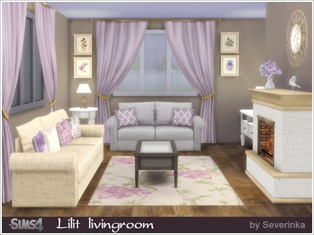 Lilit livingroom Гостиная "Лилит " для The Sims 4 Набор мебели и декора для гостиной в классическом стиле. 4 разных цвета дерева, ткани в мягких сиреневых и бежевых тонах. В набор входят 15 предметов: - 3-х местный диван (5 цветов) - 2-х местный диван (5 цветов) - Комод (4 цвета) - Стол кофейный (4 цвета) - Круглый столик (4 цвета) - Камин (3 цвета) - Настольная лампа (4 цвета) - Резные настенные часы (2 цвета) - настенное зеркало Cardev (2 цвета) - Двойные подушки для диванов (3 цвета) - Подушка (6 цветов) - пионы в вазе (3 цвета) - Коврик (6 цветов) - Картины (от 2 до 6 вариантов цвета) Автор: Severinka_