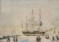 A painting by Davis of HMS Terror and crew working on the ice