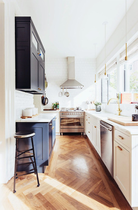 Eclectic chic narrow kitchen with herringbone floor