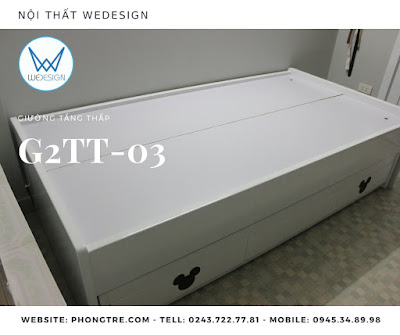 Giường hộp 2 tầng thấp màu trắng trang trí logo chuột Mickey G2TT-03