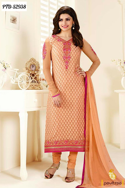 peach color braso wedding wear designer bollywood actress celebrity New Year 2016 salwar suit online shopping