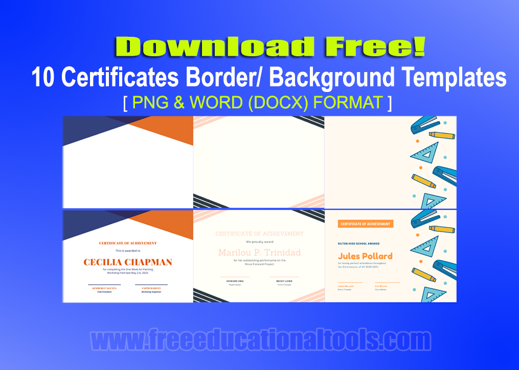 10 Free Certificates Background/ Border Design Templates for Teachers  [Download PNG, Docx Format]