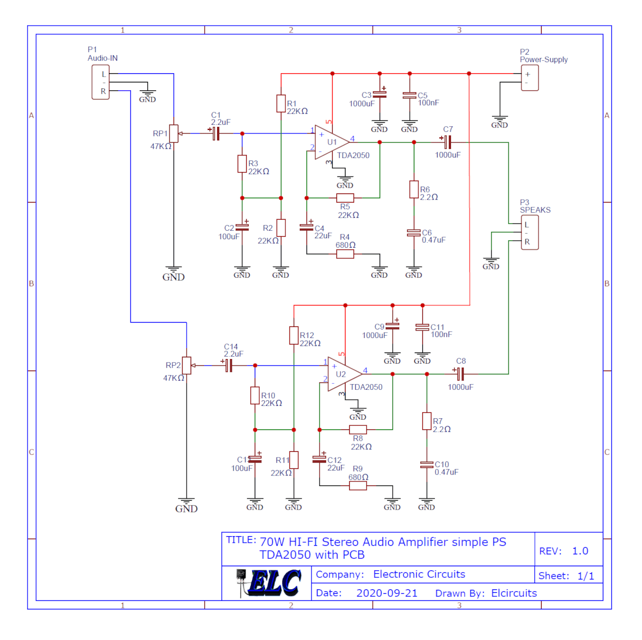 70W Stereo HI-FI Power Amplifier - High Fidelity using two TDA2050 IC's